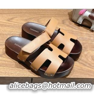 Best Grade Hermes Kos Clog Slides Sandal 4cm in Calfskin Leather and Wood Outsole Light Brown 0419054