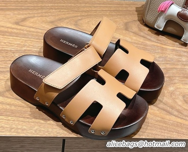 Best Grade Hermes Kos Clog Slides Sandal 4cm in Calfskin Leather and Wood Outsole Light Brown 0419054