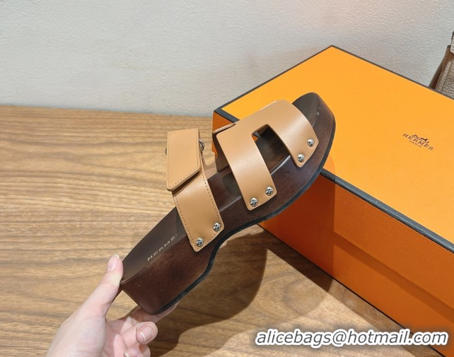 Best Grade Hermes Kos Clog Slides Sandal 4cm in Calfskin Leather and Wood Outsole Light Brown 0419054