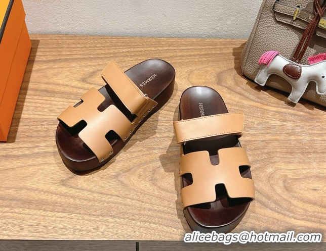 Best Grade Hermes Kos Clog Slides Sandal 4cm in Calfskin Leather and Wood Outsole Light Brown 0419054