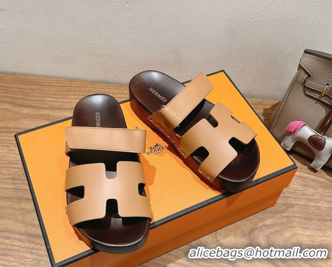Best Grade Hermes Kos Clog Slides Sandal 4cm in Calfskin Leather and Wood Outsole Light Brown 0419054