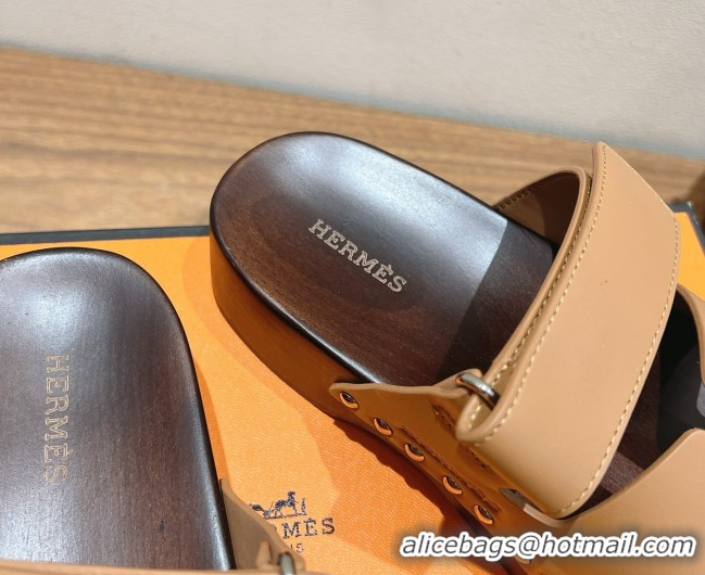 Best Grade Hermes Kos Clog Slides Sandal 4cm in Calfskin Leather and Wood Outsole Light Brown 0419054