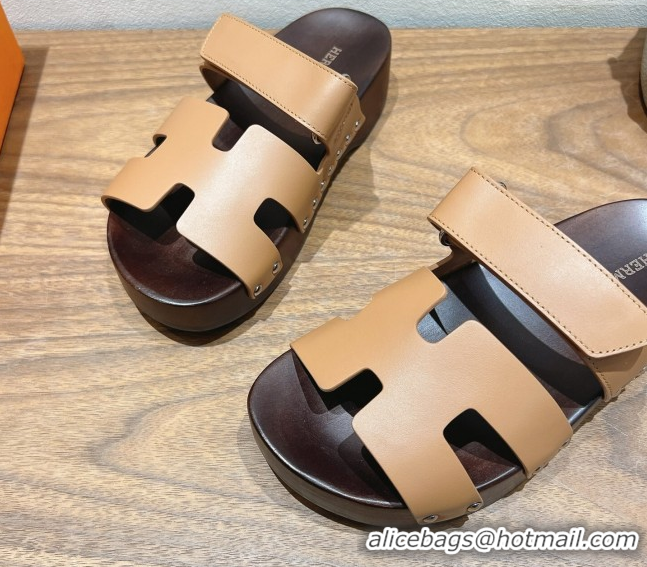 Best Grade Hermes Kos Clog Slides Sandal 4cm in Calfskin Leather and Wood Outsole Light Brown 0419054