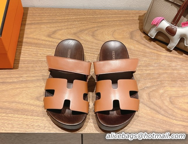 Most Popular Hermes Kos Clog Slides Sandal 4cm in Calfskin Leather and Wood Outsole Tan Brown 0419055
