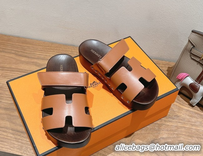 Most Popular Hermes Kos Clog Slides Sandal 4cm in Calfskin Leather and Wood Outsole Tan Brown 0419055