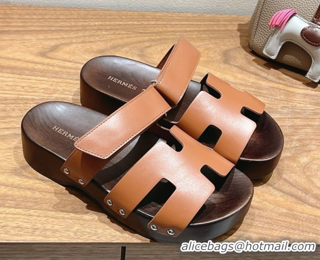 Most Popular Hermes Kos Clog Slides Sandal 4cm in Calfskin Leather and Wood Outsole Tan Brown 0419055