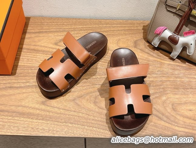 Most Popular Hermes Kos Clog Slides Sandal 4cm in Calfskin Leather and Wood Outsole Tan Brown 0419055
