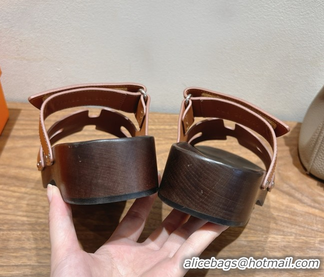 Most Popular Hermes Kos Clog Slides Sandal 4cm in Calfskin Leather and Wood Outsole Tan Brown 0419055