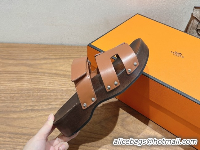 Most Popular Hermes Kos Clog Slides Sandal 4cm in Calfskin Leather and Wood Outsole Tan Brown 0419055