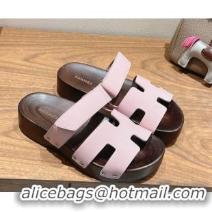 Good Quality Hermes Kos Clog Slides Sandal 4cm in Calfskin Leather and Wood Outsole Pink 0419056