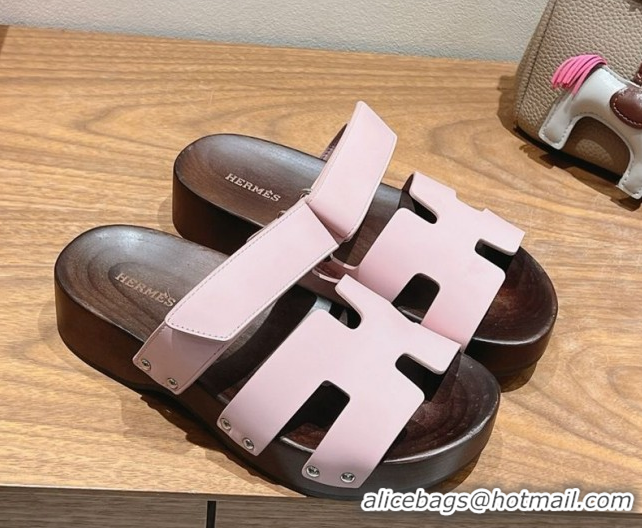 Good Quality Hermes Kos Clog Slides Sandal 4cm in Calfskin Leather and Wood Outsole Pink 0419056