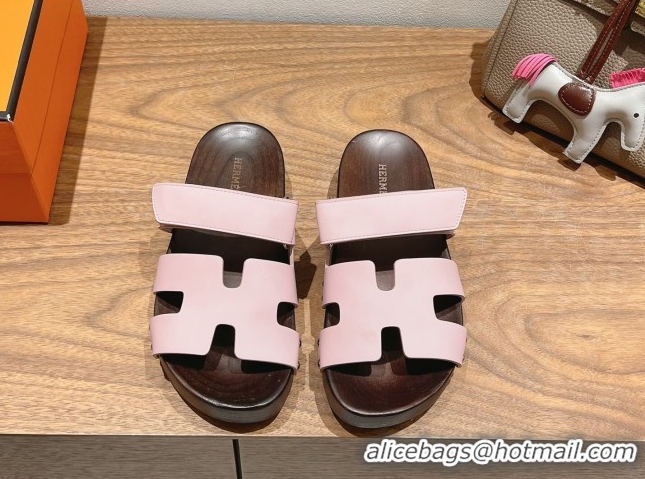 Good Quality Hermes Kos Clog Slides Sandal 4cm in Calfskin Leather and Wood Outsole Pink 0419056