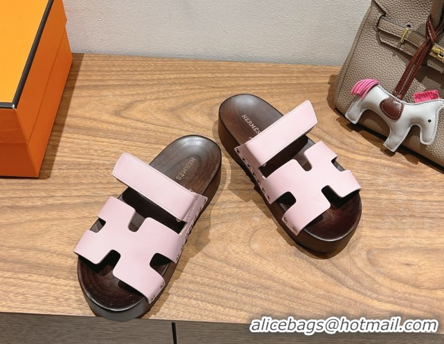 Good Quality Hermes Kos Clog Slides Sandal 4cm in Calfskin Leather and Wood Outsole Pink 0419056