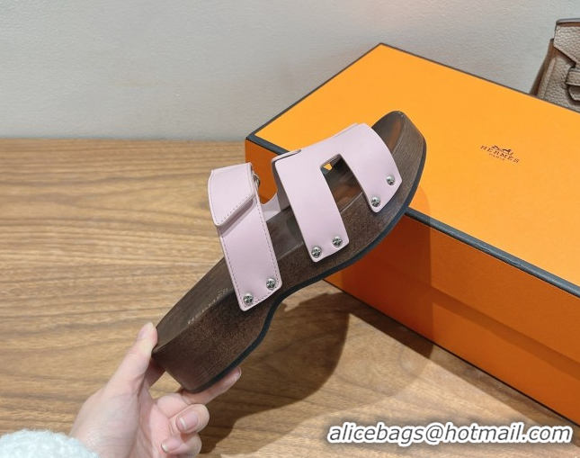 Good Quality Hermes Kos Clog Slides Sandal 4cm in Calfskin Leather and Wood Outsole Pink 0419056