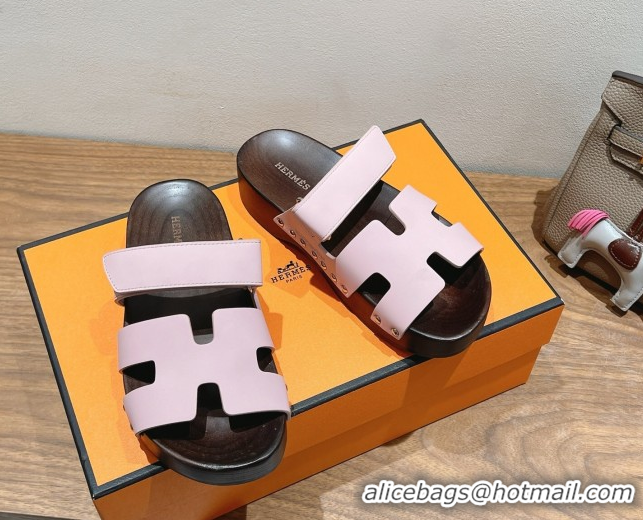 Good Quality Hermes Kos Clog Slides Sandal 4cm in Calfskin Leather and Wood Outsole Pink 0419056