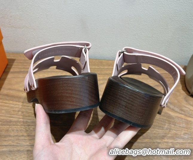 Good Quality Hermes Kos Clog Slides Sandal 4cm in Calfskin Leather and Wood Outsole Pink 0419056