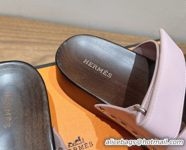 Good Quality Hermes Kos Clog Slides Sandal 4cm in Calfskin Leather and Wood Outsole Pink 0419056