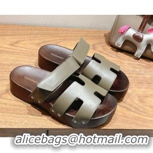 Grade Quality Hermes Kos Clog Slides Sandal 4cm in Calfskin Leather and Wood Outsole Green 0419057