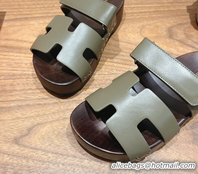 Grade Quality Hermes Kos Clog Slides Sandal 4cm in Calfskin Leather and Wood Outsole Green 0419057