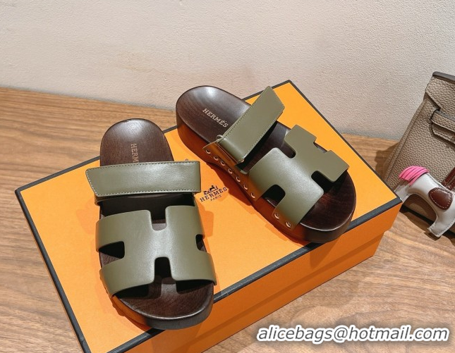 Grade Quality Hermes Kos Clog Slides Sandal 4cm in Calfskin Leather and Wood Outsole Green 0419057