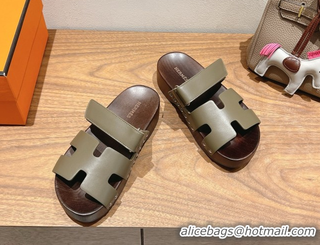 Grade Quality Hermes Kos Clog Slides Sandal 4cm in Calfskin Leather and Wood Outsole Green 0419057