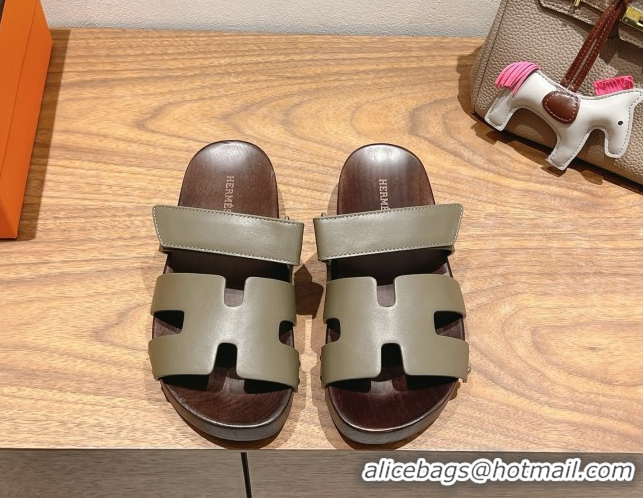Grade Quality Hermes Kos Clog Slides Sandal 4cm in Calfskin Leather and Wood Outsole Green 0419057