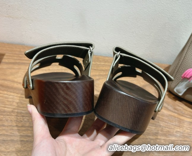 Grade Quality Hermes Kos Clog Slides Sandal 4cm in Calfskin Leather and Wood Outsole Green 0419057