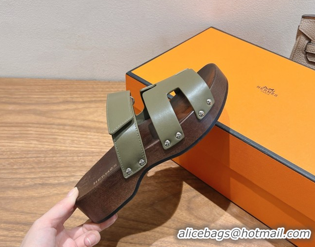 Grade Quality Hermes Kos Clog Slides Sandal 4cm in Calfskin Leather and Wood Outsole Green 0419057