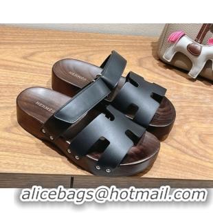 Low Price Hermes Kos Clog Slides Sandal 4cm in Calfskin Leather and Wood Outsole Black 0419058