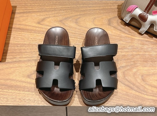 Low Price Hermes Kos Clog Slides Sandal 4cm in Calfskin Leather and Wood Outsole Black 0419058