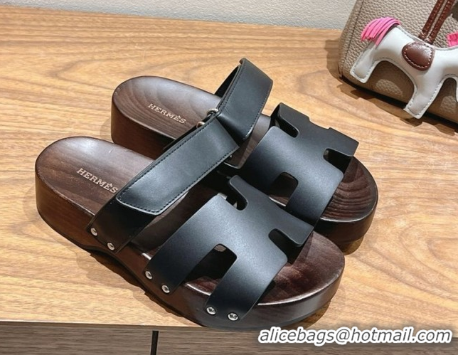 Low Price Hermes Kos Clog Slides Sandal 4cm in Calfskin Leather and Wood Outsole Black 0419058