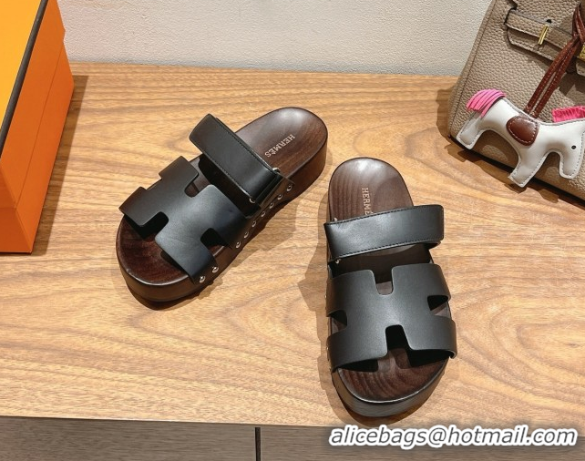 Low Price Hermes Kos Clog Slides Sandal 4cm in Calfskin Leather and Wood Outsole Black 0419058