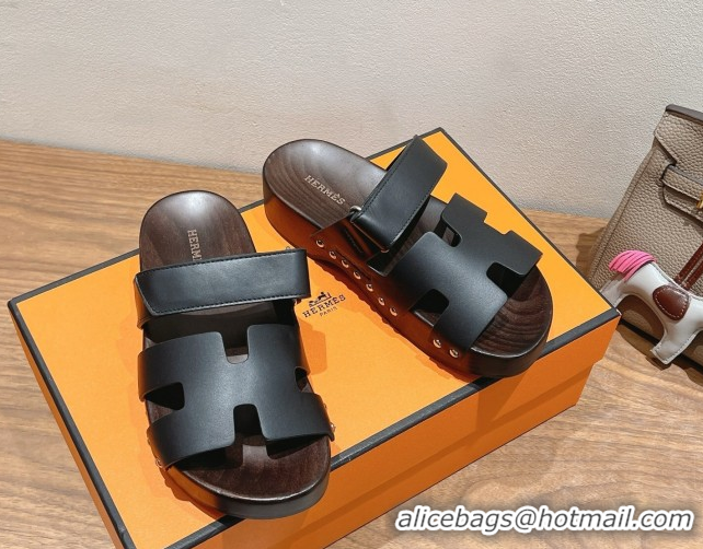 Low Price Hermes Kos Clog Slides Sandal 4cm in Calfskin Leather and Wood Outsole Black 0419058