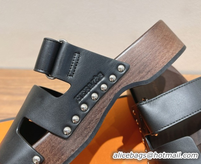 Low Price Hermes Kos Clog Slides Sandal 4cm in Calfskin Leather and Wood Outsole Black 0419058