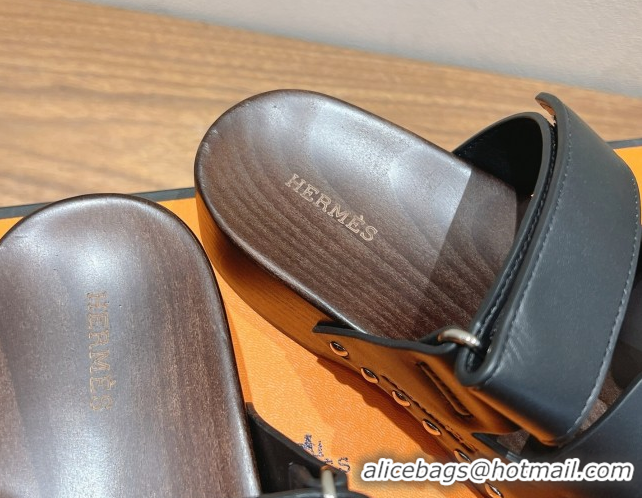 Low Price Hermes Kos Clog Slides Sandal 4cm in Calfskin Leather and Wood Outsole Black 0419058