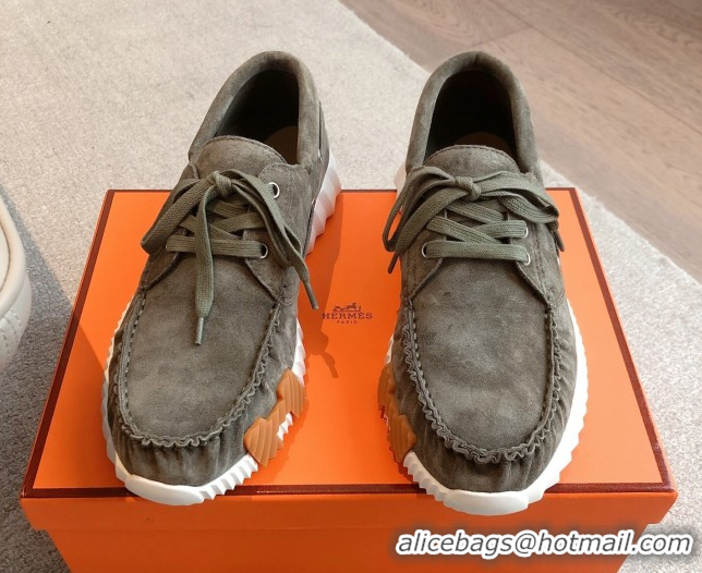 Top Design Hermes Ketch Sneakers in Suede Green 0419064