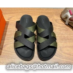 Good Looking Hermes Kazimir Flat Slides Sandal in Woven Ribbon and Epsom Calfskin Black/Green 0419067
