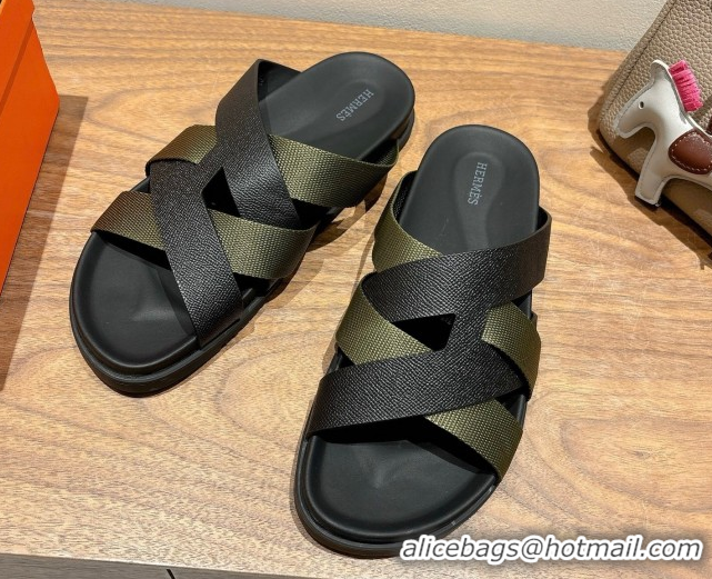 Good Looking Hermes Kazimir Flat Slides Sandal in Woven Ribbon and Epsom Calfskin Black/Green 0419067