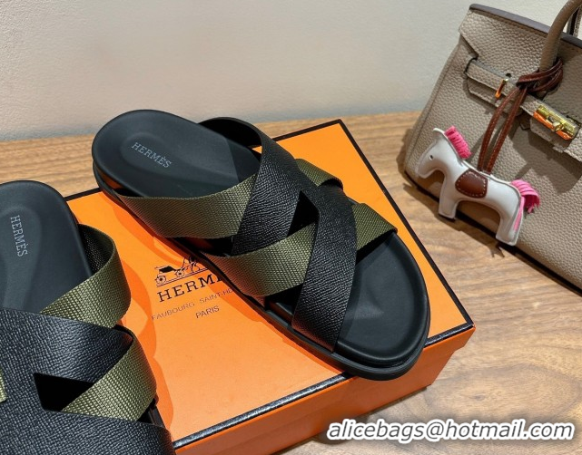 Good Looking Hermes Kazimir Flat Slides Sandal in Woven Ribbon and Epsom Calfskin Black/Green 0419067