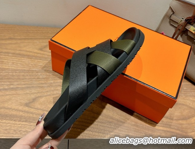 Good Looking Hermes Kazimir Flat Slides Sandal in Woven Ribbon and Epsom Calfskin Black/Green 0419067