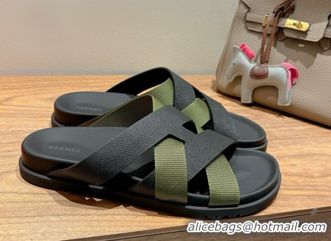 Good Looking Hermes Kazimir Flat Slides Sandal in Woven Ribbon and Epsom Calfskin Black/Green 0419067
