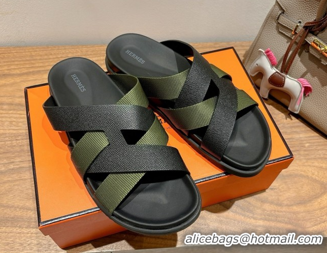 Good Looking Hermes Kazimir Flat Slides Sandal in Woven Ribbon and Epsom Calfskin Black/Green 0419067