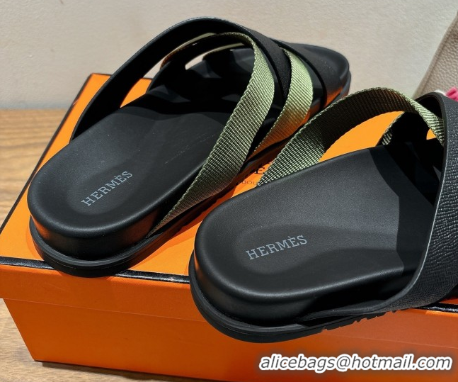 Good Looking Hermes Kazimir Flat Slides Sandal in Woven Ribbon and Epsom Calfskin Black/Green 0419067