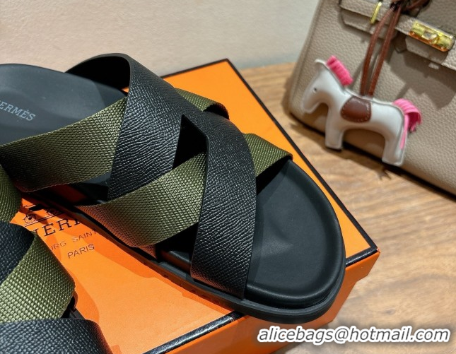 Good Looking Hermes Kazimir Flat Slides Sandal in Woven Ribbon and Epsom Calfskin Black/Green 0419067
