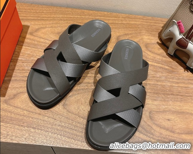 Popular Style Hermes Kazimir Flat Slides Sandal in Woven Ribbon and Epsom Calfskin Dark Grey 0419078