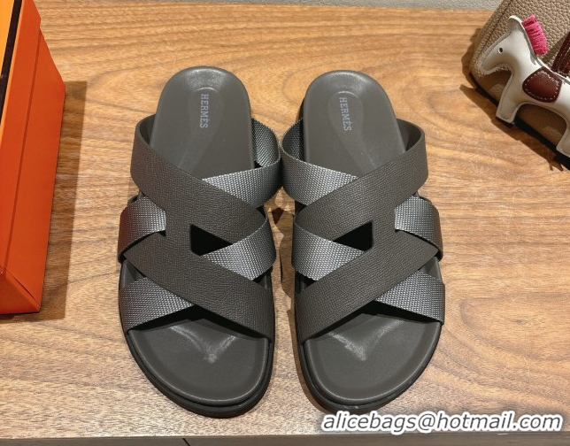 Popular Style Hermes Kazimir Flat Slides Sandal in Woven Ribbon and Epsom Calfskin Dark Grey 0419078
