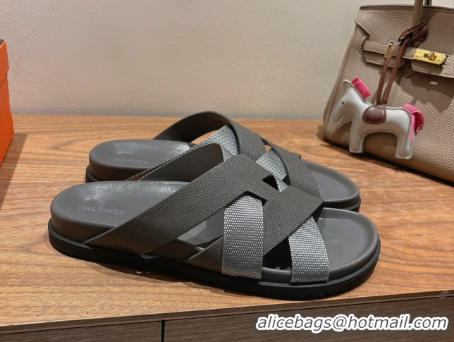 Popular Style Hermes Kazimir Flat Slides Sandal in Woven Ribbon and Epsom Calfskin Dark Grey 0419078