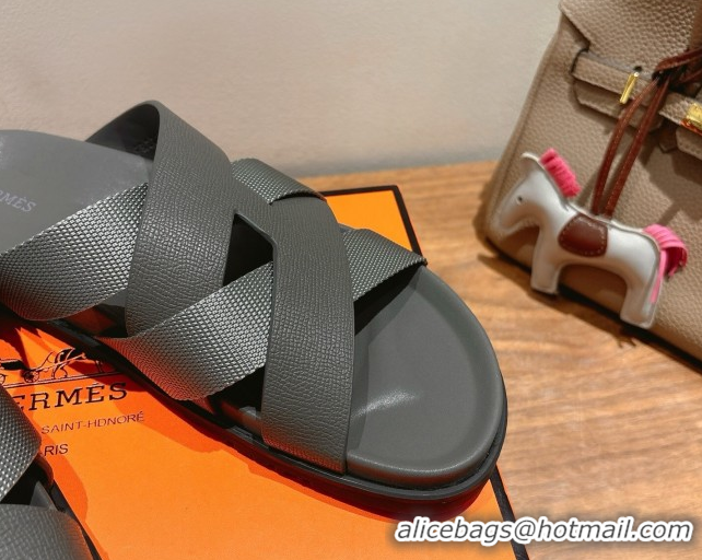 Popular Style Hermes Kazimir Flat Slides Sandal in Woven Ribbon and Epsom Calfskin Dark Grey 0419078