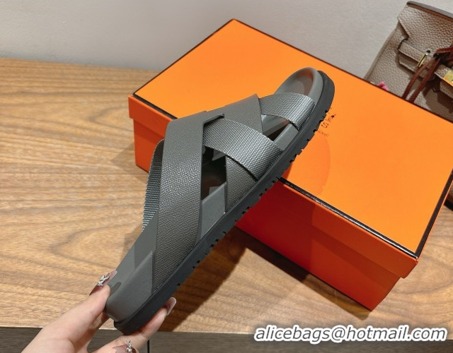 Popular Style Hermes Kazimir Flat Slides Sandal in Woven Ribbon and Epsom Calfskin Dark Grey 0419078