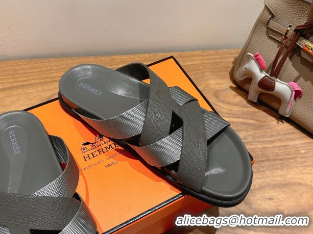 Popular Style Hermes Kazimir Flat Slides Sandal in Woven Ribbon and Epsom Calfskin Dark Grey 0419078